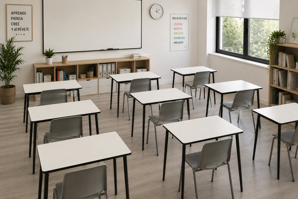 Mesas HPL blancas en un aula