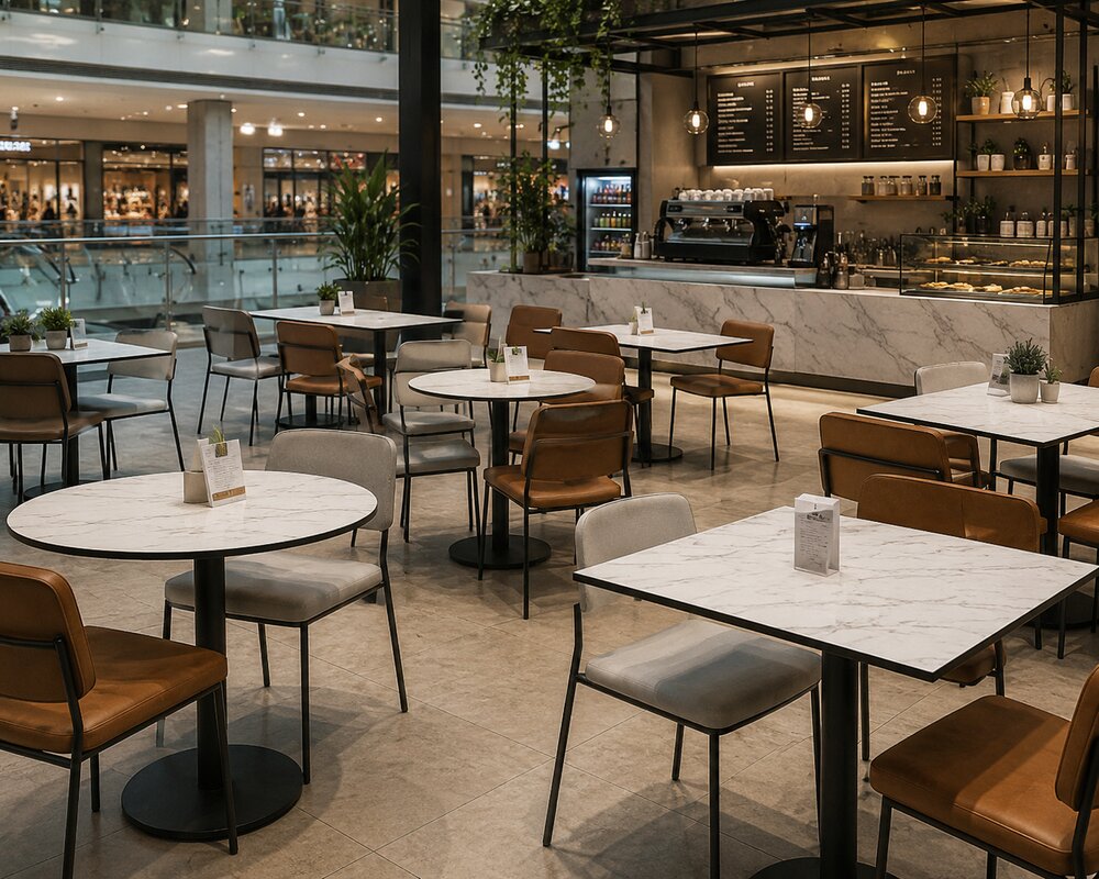 Mesas HPL efecto mármol en una cafetería