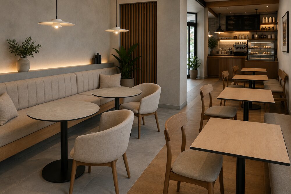 Mesas HPL efecto roble en una cafetería