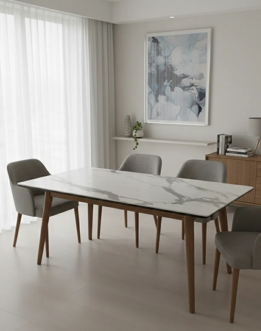 Mesa rectangular HPL efecto mármol en un comedor